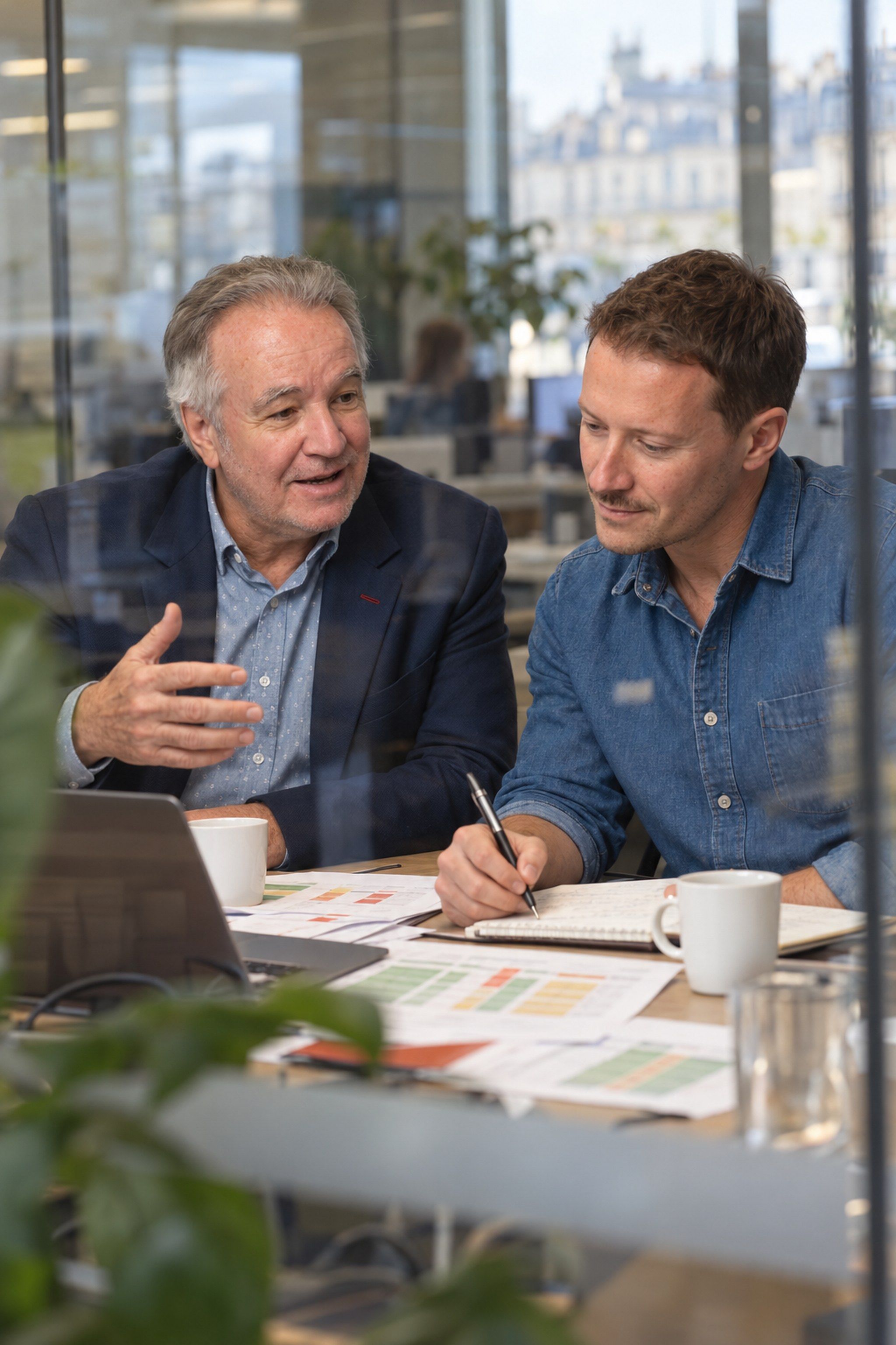 Seen through the glass wall of a meeting room: Jean-Pierre Brun explains while Alexandre Bultel takes notes over printed results.